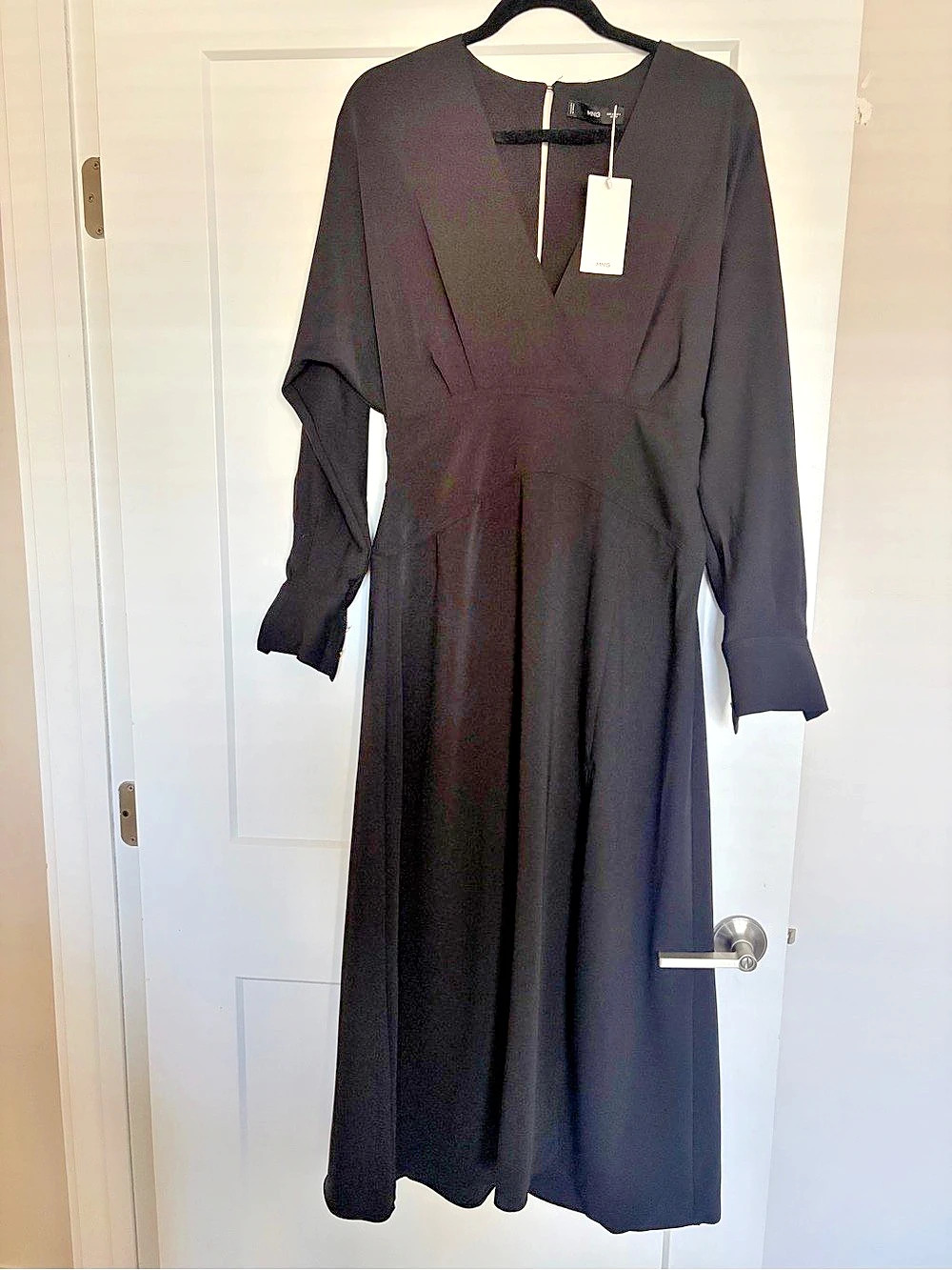 Mango Erin Wrapover Neck Midi Dress Long Sleeve Maxi Dress in Black Size Medium